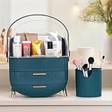 Winter Shore Grüner Make Up Organiser mit Pinsel Aufbewahrung - Organizer Schminke aus Kunststoff mit 3 Ebenen, Drehbarem Griff & Durchsichtigem Deckel - Wasser- & Staubdichte Kosmetik Aufbewahrung