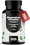 Magnesium Komplex hochdosiert - 200 Kapseln - 400 mg Magnesium pro Tag + Vitamin C, mit Bisglycinat, Citrat, Oxid, L-Ascorbat, Malat, vegan & produziert in Deutschland