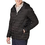 Amazon Essentials Herren Leichte, Wasserabweisende, verstaubare Kapuzenjacke, Schwarz, L