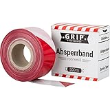 GRIP Eventbasics Absperrband rot-weiß gestreift | 500 m x 70 mm, nicht klebend | LDPE-Flatterband im praktischen Abrollkarton | Markierungsband für Gefahrenbereiche, Baustellenabsperrungen