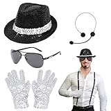 TUONYIS Kostümzubehör für Erwachsene Cosplay Kostüm, King of Pop-Kostüm-Set mit Pailletten Hut, Mikrofon, Sonnenbrille,Handschuhen, Rocker Star Pailletten Kostüme der 1980er Jahre.