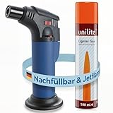 UNILITE Feuerzeug MIT Gas – Sturmfeuerzeug Gas Brenner mit Jet Flamme – nachfüllbar – 100 ml Nachfüllgas im Set – Jetflame – Nachfüller – Elektronik Feuerzeug – In 4 Farben erhältlich (Blau)