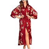 Langer Damen-Bademantel, seidiger Kimono, weich, lässig, Loungewear, weicher Kimono, Robe, V-Ausschnitt, langer Strick-Bademantel, Nachtwäsche, Nachtwäsche für alle Jahreszeiten, Einheitsgröße, Rot4,