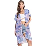 Kurzärmelige Kimono-Strickjacken für Damen, vorne offen, Badeanzug, Strandurlaub, Essentials, M, abstrakte Pilze, digitale Illustration, Blau, Rosa, Weiß, Abstrakte Pilze, digitale Illustration, Blau,