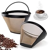 2 PCS Goldtonfilter Kaffee Dauerfilter 6-8 Tasse Edelstahl Kaffee Filter Mesh Korb Waschbar Kaffeefilter Für 8-12 Tassen Kaffee, Filtergröße 4, mit Edelstahlgewebe, Griff