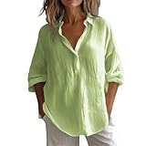 T-Shirt Damen Locker V Ausschnitt Longshirt Mit Button-Down Oversized Leinenbluse Langarm Blusenshirt Einfarbig Langarmshirt Locker Lässiges Oberteil Sommer Revers Longblusen