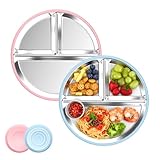 Ayciep Edelstahl Baby Teller mit Saugnapf, 2 Stück Silikon Kinderteller mit Neu 1 Groß Saugnäpfen, Edelstahl Teller Baby, BPA-frei, Rutschfeste, Abnehmbare Silikonhülle, Kinderteller, Graublau + Rosa