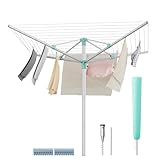 SONGMICS Wäschespinne, Wäscheständer, höhenverstellbar, 50 m Wäscheleine, für 5 Waschmaschinenladungen, Outdoor, Garten, mit Bodenhülse, Wäscheklammern, silbern-grün LLR301E01