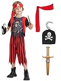 IKALI Jungen Piratenkostüm, Kinder Piraten Rollenspiel Outfit, Karneval 5er Komplettset mit Augenklappe, Kopfband, Säbel, Haken 3-4 Jahre