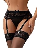 comeondear Strapsgürtel Damen Spitze Sexy Breiter Strumpfgürtel 4 Halter Strapsen Dessous Set Große Größen Suspenders Garter Belt Strapshalter Clips Hosenträger Frauen Reizwäsche(Schwarz,M-L)