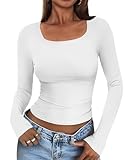 Cuptacc T Shirt Damen Langarm Eckiger Ausschnitt Basic Slim Fit Langarmshirt Damen Y2k Top Long Sleeve Solid Color Leicht Doppelschicht Oberteile Eng Weiß S