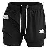 LORSPORTCH Herren Laufshorts 2 in 1 Shorts Gym Athletic Shorts Outdoor Marathon Workout Trainingsshorts Mit Eingebaut Taschen Schwarz-L