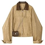 Kunstlederjacke für Damen, Cropped-Jacke aus Wildlederimitat, Kontrastkragen, Reißverschluss, lockere Passform, Herbstmantel, khaki, L