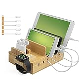 TechDot Handy USB Ladestation Bambus Ladestation Mehrere Geräte 5 Port USB Multi Ladestation Bamboo für Handys Smartphones Tablets Holz Ladestation