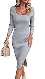 ZIYYOOHY Elegant Strickkleid Rippstrick Pulloverkleid Langes U-Ausschnitt Langarm Midikleid Party Kleid (S, Grau)