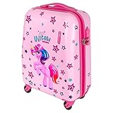 PERLETTI Einhorn Kinderkoffer Rosa - Kinder Trolley Handgepäck Leicht 4 Rollen und Zahlenschloss - Hartschalen Kabinentrolley Mädchen - Reise Koffer Lufthansa Ryanair 51x35x20 cm (Einhorn Pink, XS)