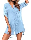 Ekouaer Damen Strandkleid Hemdkleid Bikini Strandponcho Sommer Kaftan Strandkleid Bikini Cover Up Shirts Hellblau L