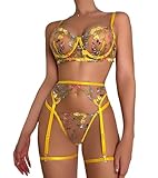 Mingnos Floral Stickerei Dessous Set für Damen Sexy Reizwäsche Bügel BH und G-String mit Strumpfband Gürtel Gelb, L