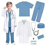 RNPKZ 7PCS Arzt Kostüm Kinder,Arztkittel Kinder mit Ausweiskarte Stethoskop,OP-Kittel,DoktorRollenspiel Zubehör,Kostüm Chirurg Kinder für 155-160cm Jungen und Mädchen,Cosplay Party,Karneval,Halloween