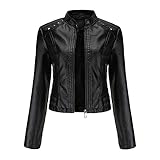 YYNUDA Damen Lederjacke Kurz Bikerjacke Stehkragen Reißverschluss Leder Jacke Übergangsjacke für Herbst Frühling（Schwarz M）