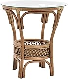 Krines Home Rattan Tisch Beistelltisch Landhaus Rattantisch mit Glasplatte Wohnzimmer Kaffetisch (Vintage Braun, Ø59cm)