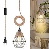 WIYETY Hängelampe mit Stecker: Rattan Pendelleuchte und 1,8 m Kabel, Vintage Plug in Hängelampe, Textilkabel Käfige Hängeleuchte, E27 Halter Kit für Küche, Balkon, Innen(Ohne Glühbirne)