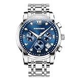 PINDOWS Luxusuhren für Herren, Quarz-Chronograph mit Datum, großes Zifferblatt, wasserdichte Business-Armbanduhr, Edelstahlarmband, Leuchtzeiger, Diamant-Akzente