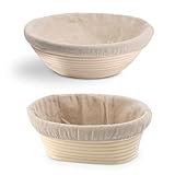 SliceElite 22,9 cm rundes und 10 natürliches Rattan-Banneton-Gärkörbchen-Set (2 Stück) mit Leineneinlagen und Brot-Lame mit 5 Klingen, rund und oval zum Backen von Sauerteigbrot, beige, SE-003