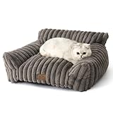 COZY KISS Großes Katzensofa im Cord-Design 65x44x30cm für Katzen und Kleine Hunde, Kuscheliges Katzen- und Hundebett, Weiches Kunstfell, Kopf- und Nackenstütze, rutschfest und Waschbar, Grau