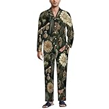 MGDIFYXAA Herren Grün Schlafanzug Set – Retro-Pflanzen Baumwolle Langarmhemd mit Knopfleiste & Hose mit Taschen Kordelzug, Weich Bequem Zweiteiliger Nachtwäsche S