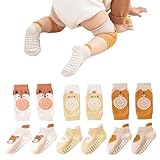 Mezrkuwr 3 Paar Baby Knieschoner und 3 Paar Baby Socken Krabbeln set, Anti Rutsch mit Gummipunkte Krabbelschoner Stulpen Knieschützer für Kleinkinder 0-12 Monate, Niedliche Cartoon-Muster