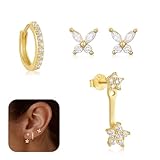 SSKHE 3 Paar Ohrringe Silber 925 Set für Damen Mädchen 14 Karat Vergoldet Kleine Ohrstecker Silber 925 Set Stapelbar Zirkonia Ohrstecker Creolen Ohrringe Set für Mehrere Piercings