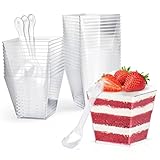 CoKeeSun 60 Stück Desserttassen mit Löffeln, 200ml/7oz Quadratischer Dessertbechern Set, Wiederverwendbar Dessertbecher für Dessertparty Pudding Mousse Eis