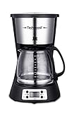 Techwood Programmierbare Kaffeemaschine mit Filter, Edelstahl, 1,5 l (12 Tassen) TCA-1296, 1000 W, Glaskaraffe, Tropfschutz, Warmhaltefunktion, LDC-Display, Abschaltautomatik, abnehmbarer Filterhalter