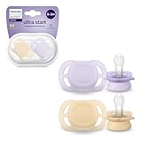 Philips AVENT Ultra Start Schnuller, kiefergerecht geformter Schnuller für Neugeborene, BPA-frei, mit Sterilisations-,Transportbehälter, Doppelpack, Lila,Orange, Modell SCF075/01