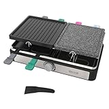 BURI Skive Raclette Grill mit Natursteinplatte, Tischgrill für 8 Personen, 1400W, mit Pfännchen, Partygrill für den Garten, als Fondue, als Elektrogrill