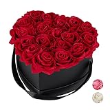 Relaxdays Rosenbox Herz, 18 Rosen, stabile Flowerbox schwarz, 10 Jahre haltbar, Geschenkidee, dekorative Blumenbox, rot, 13 x 21 x 19 cm