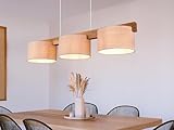 Holzbalken Pendelleuchte 3 flammig mit Stoff Lampenschirmen in Beige, Breite 100cm