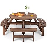 COSTWAY Picknicktisch Set für 8 Personen, Gartentisch aus Massivholz mit Schirmloch & 4 Bänken, Terrassenmöbel, Gartenmöbel, Sitzgruppe für Garten, Terrasse