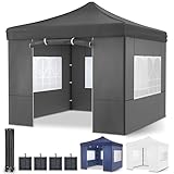 ONBEST Faltpavillon – 3x3m – Großer Eingang - Wasserdicht – Pop up Gestell – Seitenwänden mit 3x3 Fenstern – Transporttasche mit Rollen – Faltbarer Outdoor Pavillon (Grau)