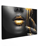 MuchoWow© Bilder Groß 120x80 cm XXL Wohnzimmer Deko Modern Wandbild Foto auf Leinwand Bild Schlafzimmer Room Decor Geschenke Frau - Schwarz - Gold - Gesicht - Lippen