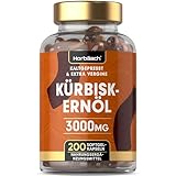 Kürbiskernöl Kapseln 3000mg | Mit natürlichen Vitamin E | Hochdosiert | Kürbiskerne Kaltgepresst | 45% Linolsäure (Omega 6) | 200 Pumpkin Seed Kapseln | von Horbaach