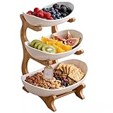 Ribech Obstständer 3-stöckig aus Bambus, Mehrstöckiger Obstkübel mit Schalen, Küchenorganizer für Obst und Snacks, Deko-Etagere aus Bambus