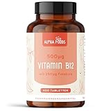 Vitamin B12 hochdosiert | 400 vegane Tabletten für 1+ Jahr Versorgung | 500µg Vit B12 und 250µg Folsäure pro Tagesdosis | Hochdosiert & ohne Zusatzstoffe | Alpha Foods