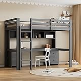 TOBIDOEN Hochbett 90x200 cm für Jugendliche und Kinder, Bett mit Extralangem, Praktischem Tisch, 4 Staufächern und 4 Schubladen, Holzbett mit Absturzsicherung und Leiter, Kiefernholz+MDF (Grau)