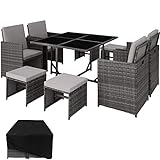 TecTake Lounge Möbel Set aus 4X Stühle, 1x Tisch, 4X Hocker, wetterfest und platzsparende Cube Aufbewahrung inkl. Schutzhülle, Outdoor Rattan Gartenmöbel für Balkon, Garten und Terrasse - grau