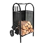 TRUTZHOLM Kaminholzwagen mit Kaminbesteck 3 tlg. Schaufel, Besen, Schürhaken 83x42x36 cm, schwarz Kaminwagen Kaminholzständer