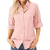 Asfixiado Damen Hemdbluse UV Shirt UPF 50+ Safari Kleidung Wanderbluse Damen Outdoor Cooling Quick Dry Sonnenschutz Langarm Luftiges Hemd（5072 Pink L）