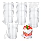 HUOGEE 50 Stück Desserttasse mit 50 Stück Löffeln, 200ml/220ml Dessertbecher Klare Dessertschalen Wiederverwendbar Desserttassen Runden Becher für Zuhause Desserts Pudding Mousse Eis Party (200ml)