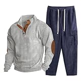 Herren Cord-Pullover und Cargo-Jogginghose, halbe Knopfleiste, langärmeliges Oberteil mit elastischer Taille, lässig, warm, Winter-Loungewear, Vintage-Stil, Outdoor-Trainingsanzug für Herren, grau, XL